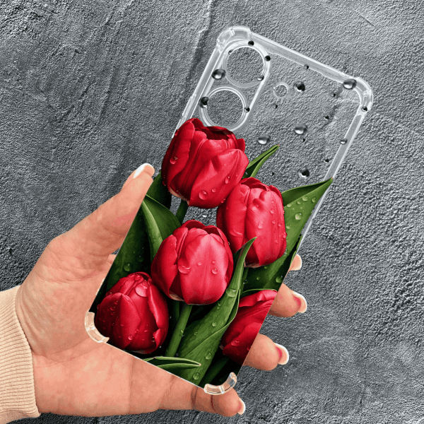 Чохол для Xiaomi Redmi 13C 4G / Poco C65 із захистом камери з квітами червоні тюльпани з краплями протиударний прозорий силіконовий чохол