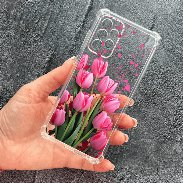 Чохол для Samsung Galaxy A32 (A325F) 4G із захистом камери з квітами рожеві тюльпани протиударний прозорий силіконовий чохол