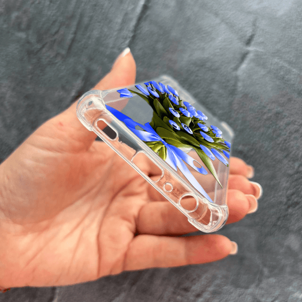 Чехол для Samsung Galaxy A32 (A325F) 4G с защитой камеры с цветами букет синих тюльпанов противоударный прозрачный силиконовый чехол