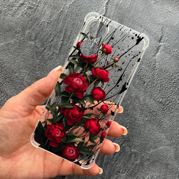 Чехол для Oppo A78 4G с защитой камеры с цветами красные пионы маленькие противоударный прозрачный силиконовый чехол