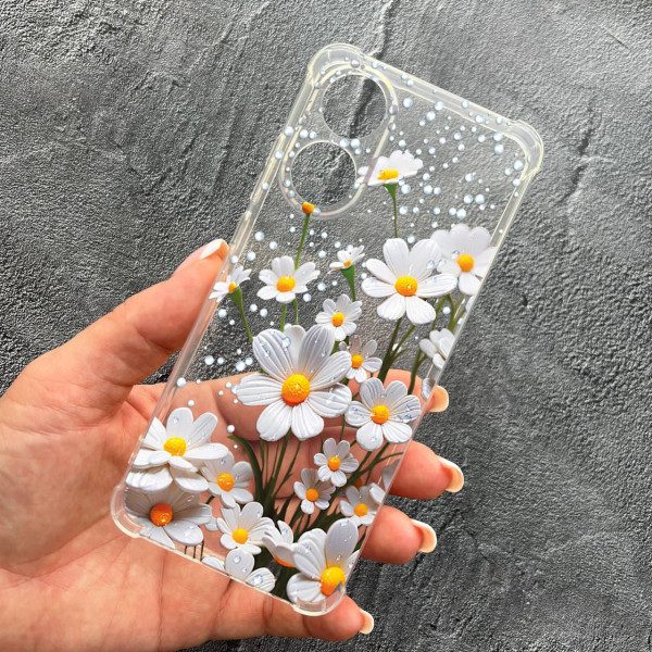 Чохол для Oppo A98 з захистом камери з квітами ромашки білі протиударний прозорий силіконовий чохол