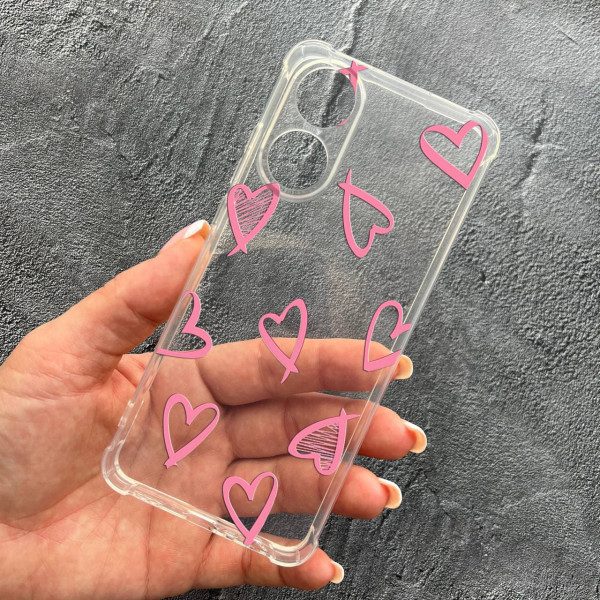 Чехол для Oppo A60 с защитой камеры с розовыми сердечками противоударный прозрачный силиконовый чехол