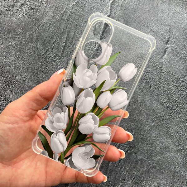 Чохол для Oppo A17 / A17K з захистом камери з квітами білі тюльпани протиударний прозорий силіконовий чохол