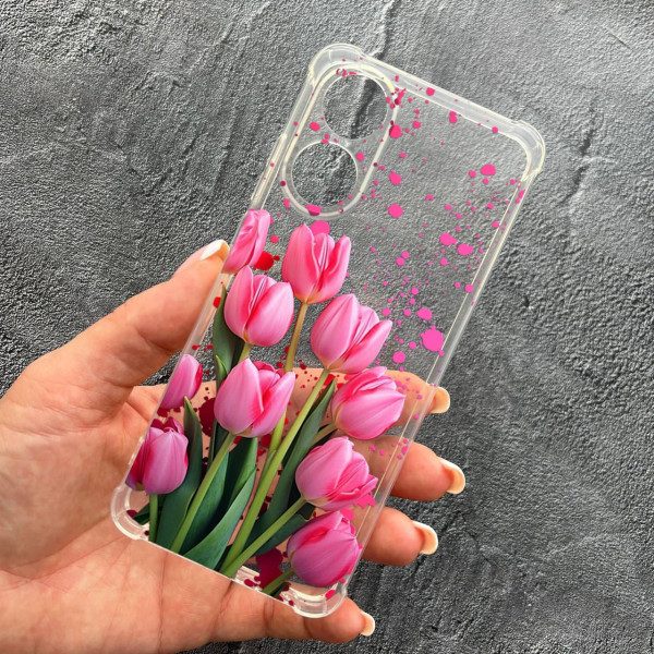 Чохол для Oppo A17 / A17K із захистом камери з квітами рожеві тюльпани протиударний прозорий силіконовий чохол