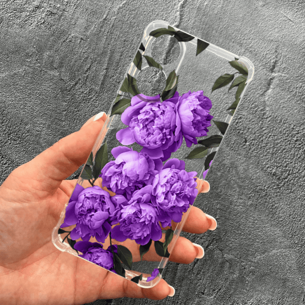 Чохол для Oppo A17 / A17K з захистом камери з квітами бузкові півонії протиударний прозорий силіконовий чохол