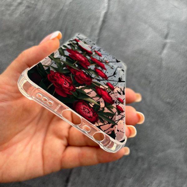 Чехол для Oppo Reno 8T 4G с защитой камеры с цветами красные пионы маленькие противоударный прозрачный силиконовый чехол