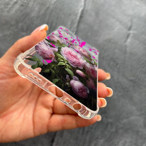 Чехол для Oppo Reno 8T 4G с защитой камеры с цветами розовые пионы противоударный прозрачный силиконовый чехол
