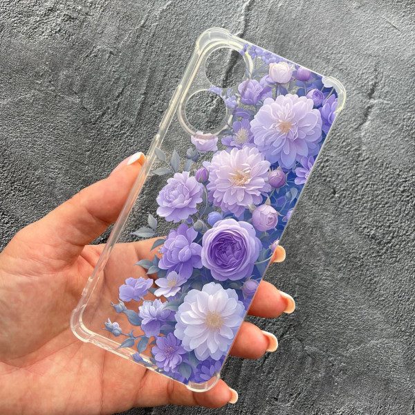 Чехол для Oppo Reno 8T 4G с защитой камеры с цветами лавандовые пионы нежные противоударный прозрачный силиконовый чехол