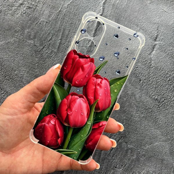 Чохол для Oppo Reno 8T 4G із захистом камери з квітами червоні тюльпани з краплями протиударний прозорий силіконовий чохол