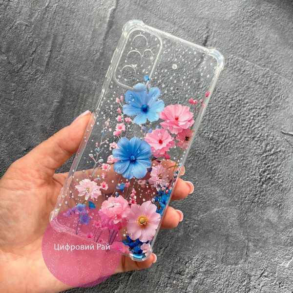 Чехол для Samsung Galaxy M23 5G с защитой камеры с розовато-синими цветами противоударный прозрачный силиконовый чехол