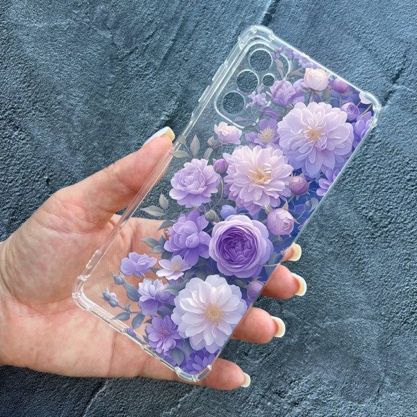 Чохол для Samsung Galaxy M23 5G з захистом камери з квітами бузкові півонії ніжні протиударний прозорий силіконовий чохол
