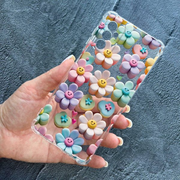 Чехол для Samsung Galaxy M23 5G с защитой камеры детский с цветами и смайликами противоударный прозрачный силиконовый чехол