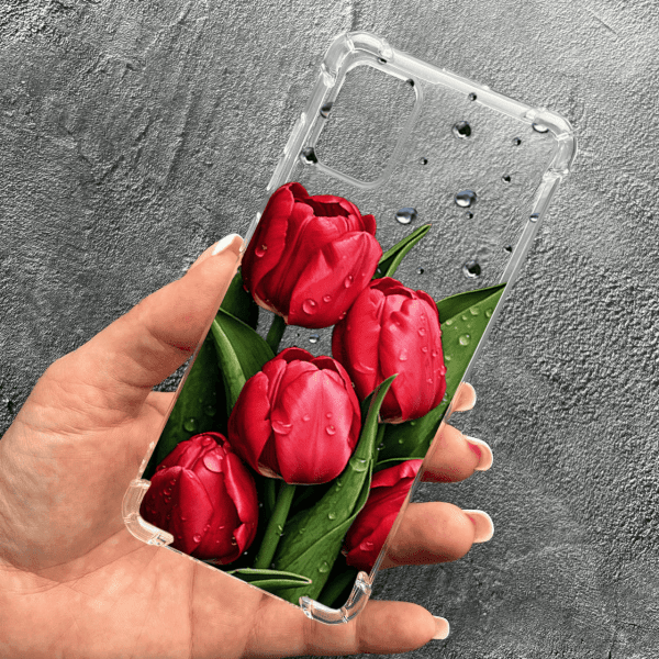Чохол для Samsung Galaxy A51 з квітами червоні тюльпани з краплями протиударний прозорий силіконовий чохол