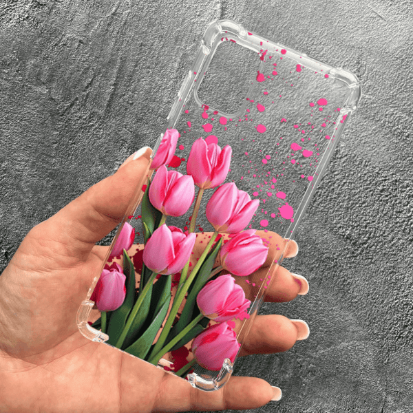 Чехол для Samsung Galaxy A51 с цветами розовые тюльпаны противоударный прозрачный силиконовый чехол