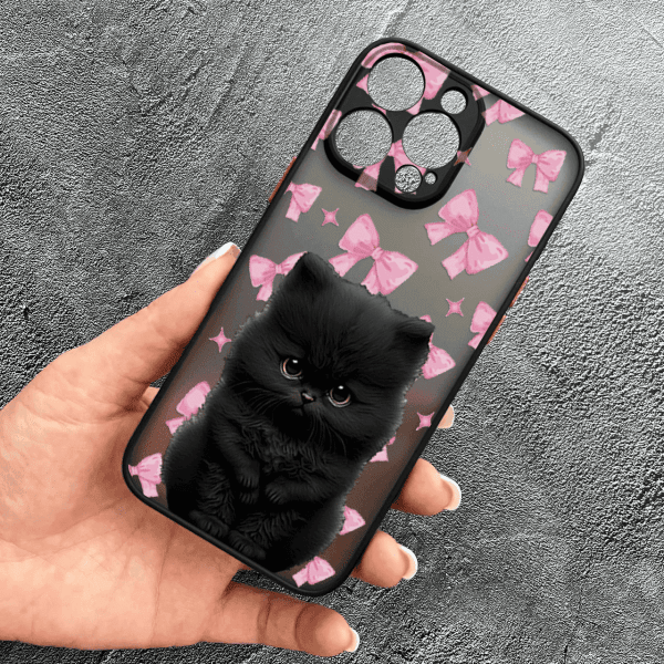 Чехол для iPhone 16 Pro детский с защитой камеры с котиком и бантиками