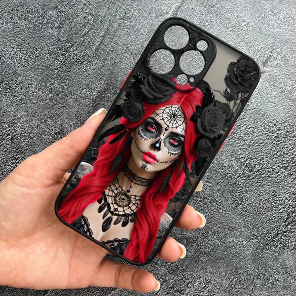Чехол для iPhone 16 Pro с защитой камеры с девушкой Санта-Муэрте в розах