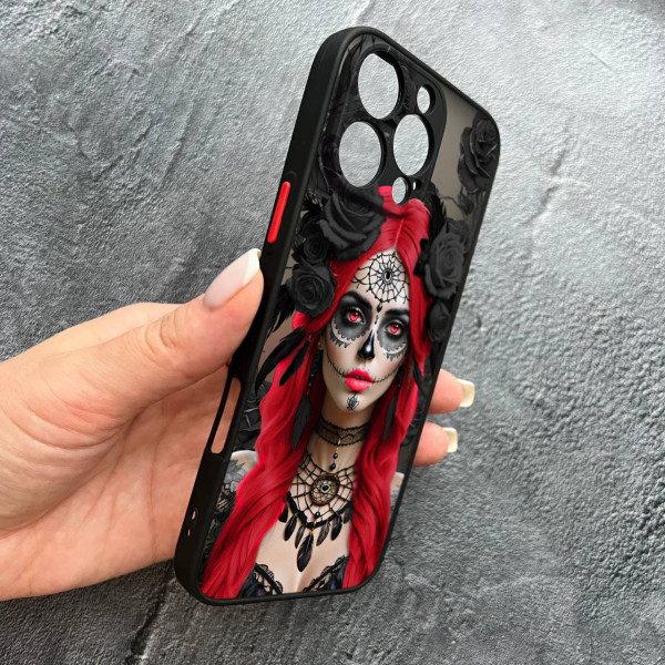 Чехол для iPhone 16 Pro с защитой камеры с девушкой Санта-Муэрте в розах
