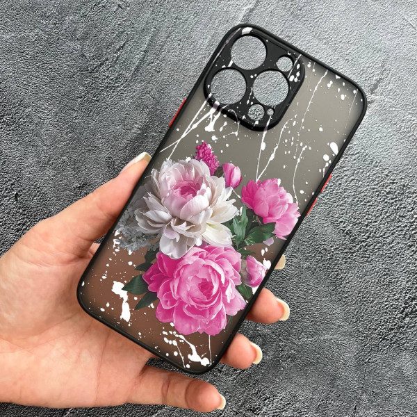 Чехол для iPhone 16 Pro с защитой камеры с цветами пионами классическими