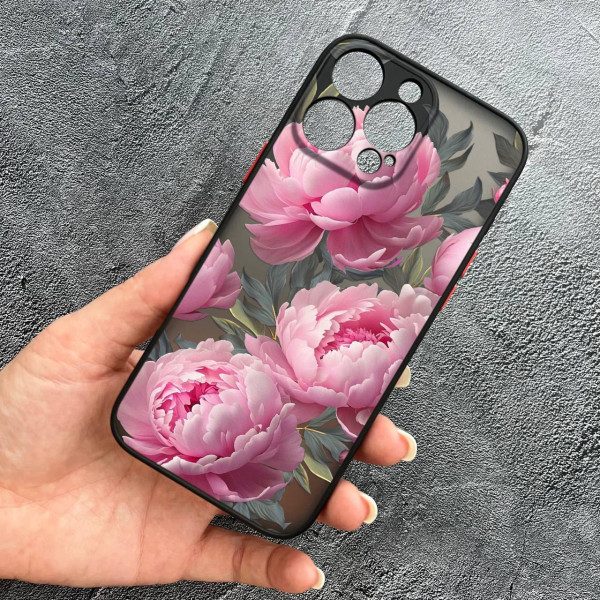 Чехол для iPhone 16 Pro с защитой камеры с цветами пионы
