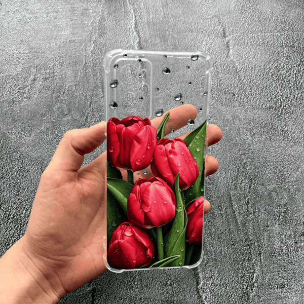 Чохол для Oppo A76 / A96 із захистом камери з квітами червоні тюльпани з краплями протиударний прозорий силіконовий чохол