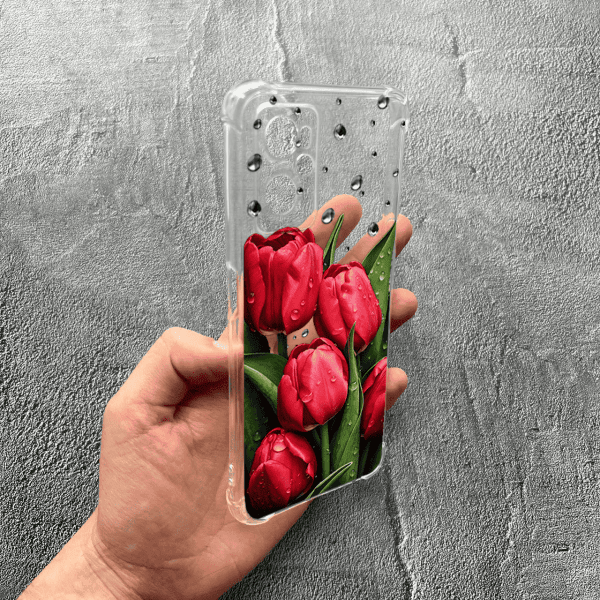 Чохол для Oppo A76 / A96 із захистом камери з квітами червоні тюльпани з краплями протиударний прозорий силіконовий чохол
