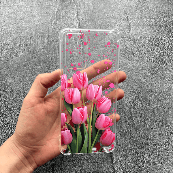 Чохол для Oppo A76 / A96 із захистом камери з квітами рожеві тюльпани протиударний прозорий силіконовий чохол
