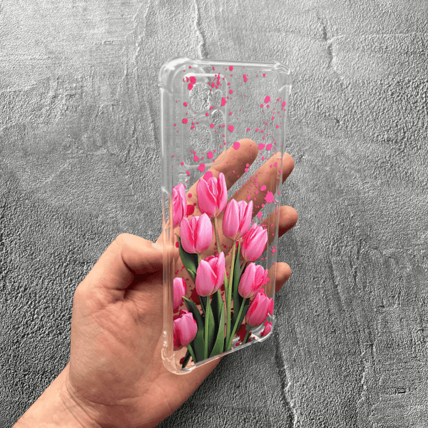 Чохол для Oppo A76 / A96 із захистом камери з квітами рожеві тюльпани протиударний прозорий силіконовий чохол