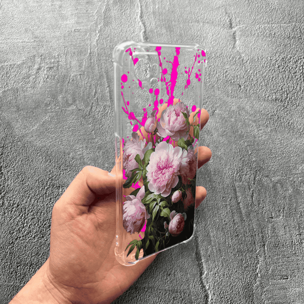 Чохол для Oppo A76 / A96 з захистом камери з квітами рожеві півонії протиударний прозорий силіконовий чохол