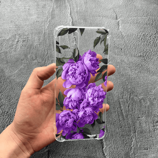 Чохол для Oppo A76 / A96 з захистом камери з квітами бузкові півонії протиударний прозорий силіконовий чохол