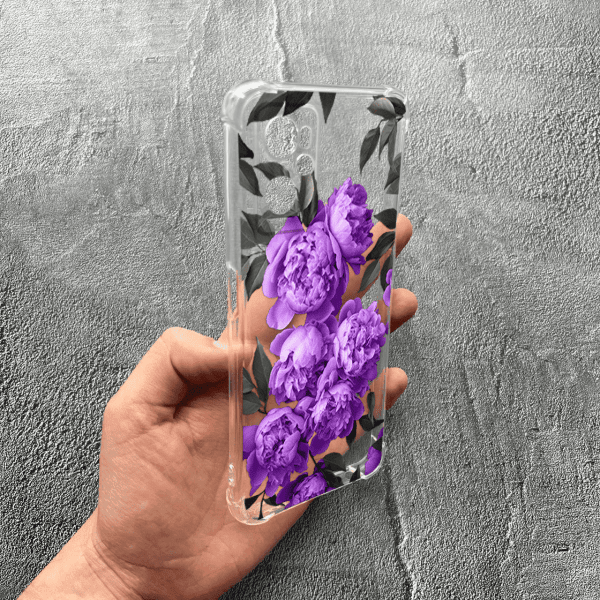 Чохол для Oppo A76 / A96 з захистом камери з квітами бузкові півонії протиударний прозорий силіконовий чохол