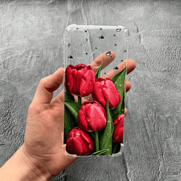 Чохол для Samsung Galaxy M30s / M21 із захистом камери з квітами червоні тюльпани з краплями протиударний прозорий силіконовий чохол