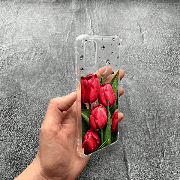 Чохол для Samsung Galaxy M30s / M21 із захистом камери з квітами червоні тюльпани з краплями протиударний прозорий силіконовий чохол