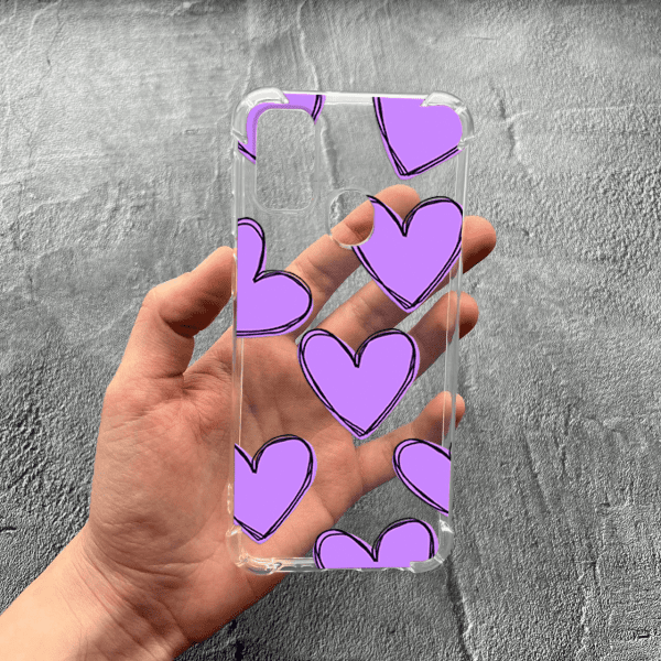Чохол для Samsung Galaxy M30s / M21 з захистом камери з бузковими сердечками протиударний прозорий силіконовий чохол