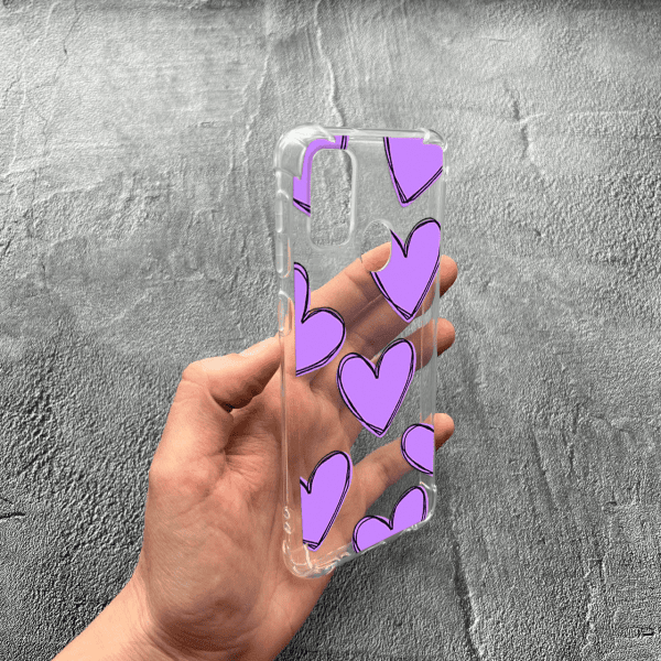 Чохол для Samsung Galaxy M30s / M21 з захистом камери з бузковими сердечками протиударний прозорий силіконовий чохол