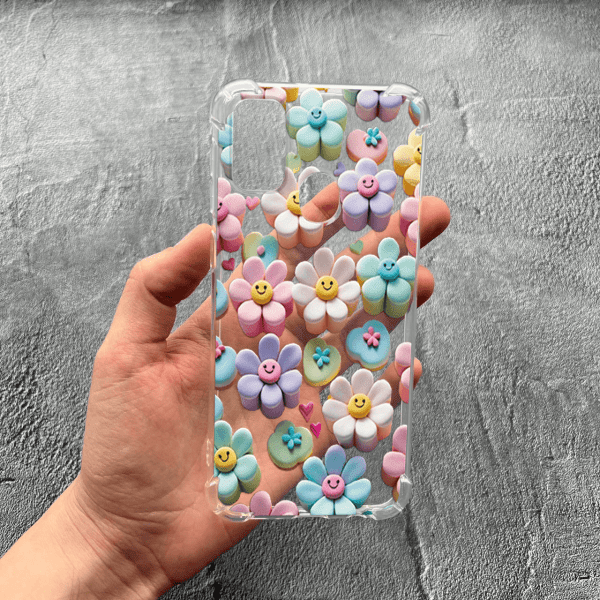 Чехол для Samsung Galaxy M30s / M21 с защитой камеры детский с цветами и смайликами противоударный прозрачный силиконовый чехол