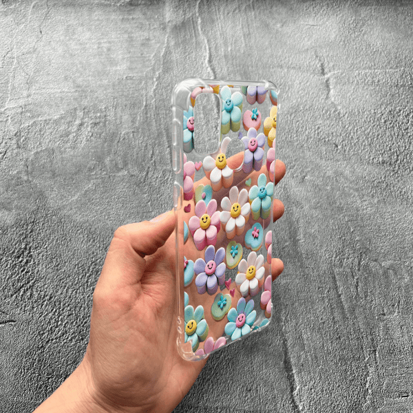 Чехол для Samsung Galaxy M30s / M21 с защитой камеры детский с цветами и смайликами противоударный прозрачный силиконовый чехол
