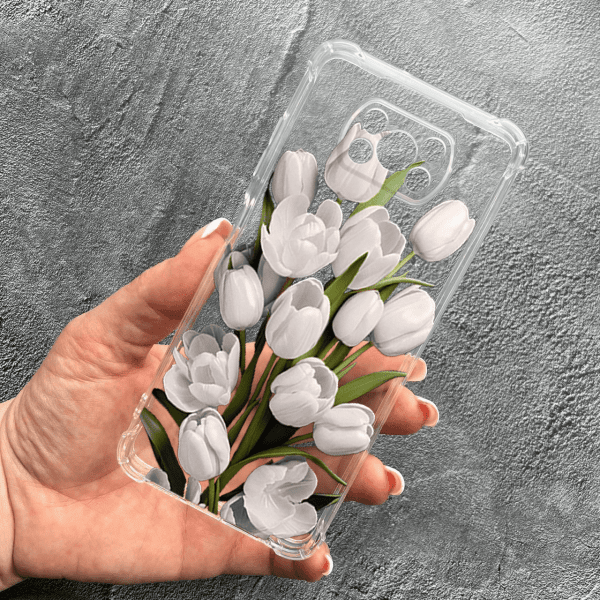 Чохол для Xiaomi Poco X3 NFC / Poco X3 Pro з захистом камери з квітами білі тюльпани протиударний прозорий силіконовий чохол