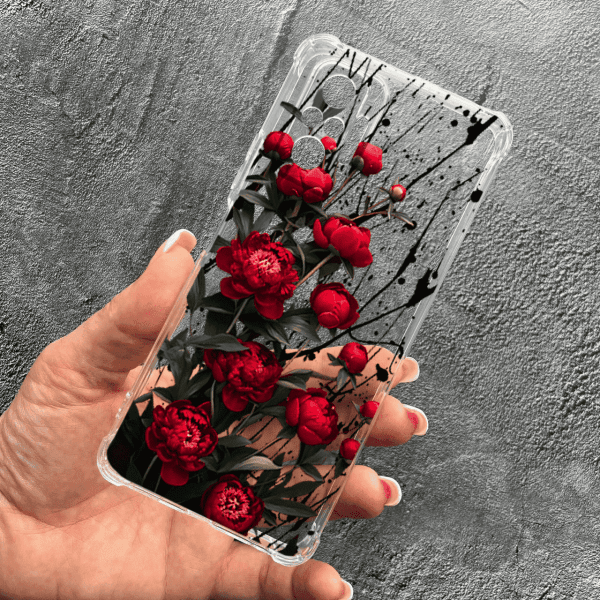 Чохол для Xiaomi Redmi Note 10 Pro з захистом камери з квітами червоні півонії маленькі протиударний прозорий силіконовий чохол