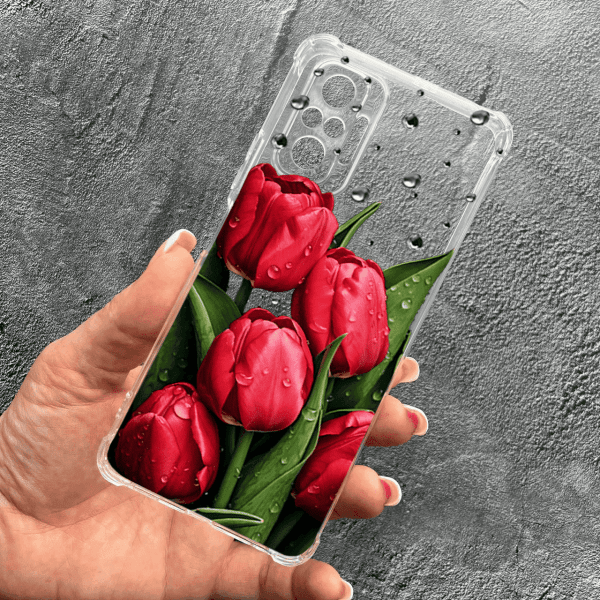 Чохол для Xiaomi Redmi Note 10 Pro із захистом камери з квітами червоні тюльпани з краплями протиударний прозорий силіконовий чохол