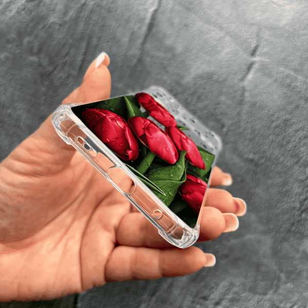 Чехол для Xiaomi Redmi Note 10 Pro с защитой камеры с цветами красные тюльпаны с каплями противоударный прозрачный силиконовый чехол