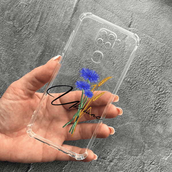 Чехол для Xiaomi Redmi Note 9 / Redmi 10X с защитой камеры патриотичный с волошкой противоударный прозрачный силиконовый чехол
