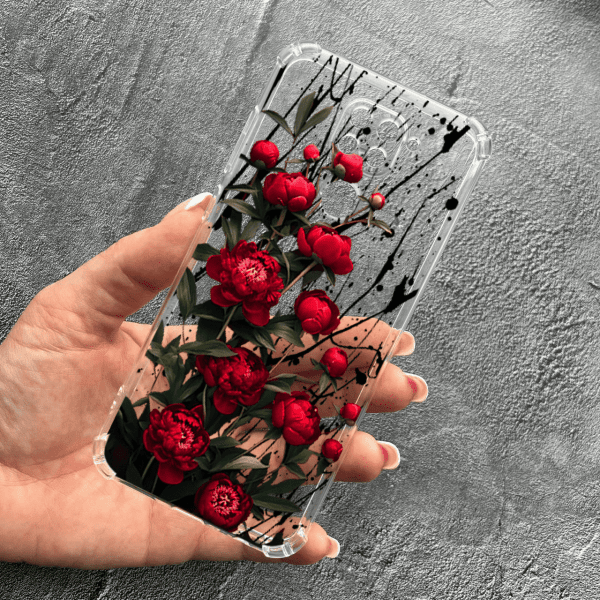 Чохол для Xiaomi Redmi Note 9 / Redmi 10X з захистом камери з квітами червоні півонії маленькі протиударний прозорий силіконовий чохол