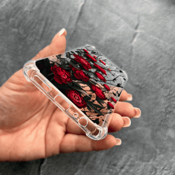 Чехол для Xiaomi Redmi Note 9 / Redmi 10X с защитой камеры с цветами красные пионы маленькие противоударный прозрачный силиконовый чехол