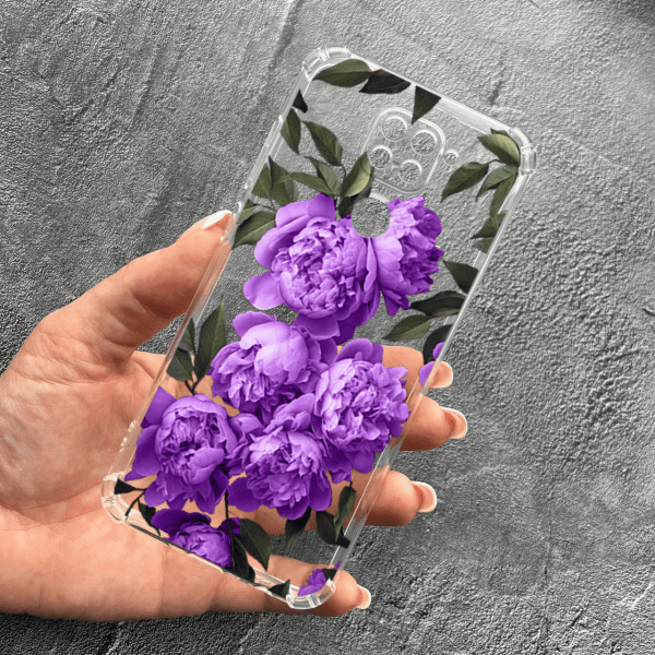 Чохол для Xiaomi Redmi Note 9 / Redmi 10X з захистом камери з квітами бузкові півонії протиударний прозорий силіконовий чохол