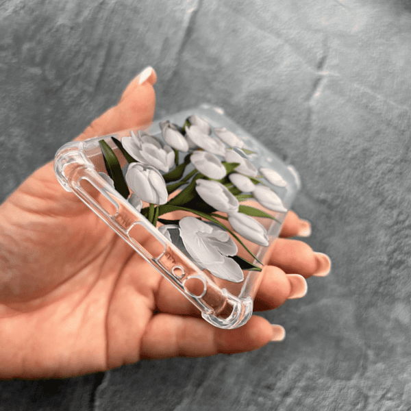 Чехол для Xiaomi Redmi Note 9 / Redmi 10X с защитой камеры с цветами белые тюльпаны противоударный прозрачный силиконовый чехол