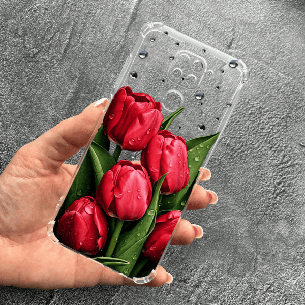 Чохол для Xiaomi Redmi Note 9 / Redmi 10X із захистом камери з квітами червоні тюльпани з краплями протиударний прозорий силіконовий чохол