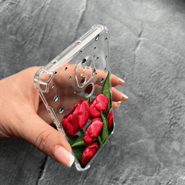 Чохол для Xiaomi Redmi Note 9 / Redmi 10X із захистом камери з квітами червоні тюльпани з краплями протиударний прозорий силіконовий чохол