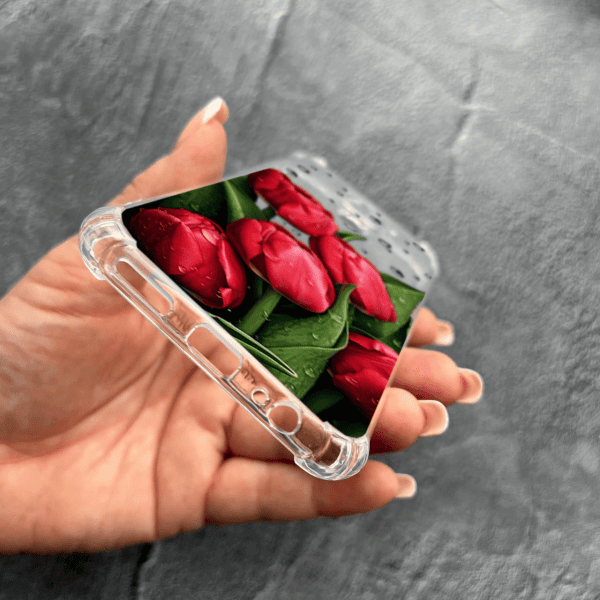 Чехол для Xiaomi Redmi Note 9 / Redmi 10X с защитой камеры с цветами красные тюльпаны с каплями противоударный прозрачный силиконовый чехол