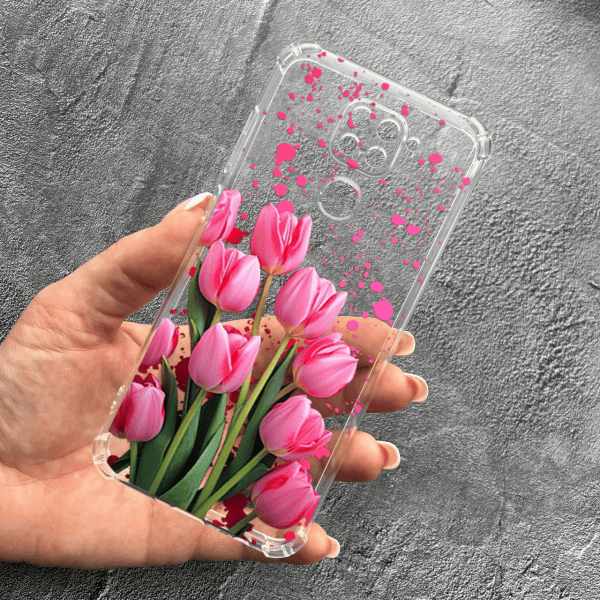 Чохол для Xiaomi Redmi Note 9 / Redmi 10X із захистом камери з квітами рожеві тюльпани протиударний прозорий силіконовий чохол