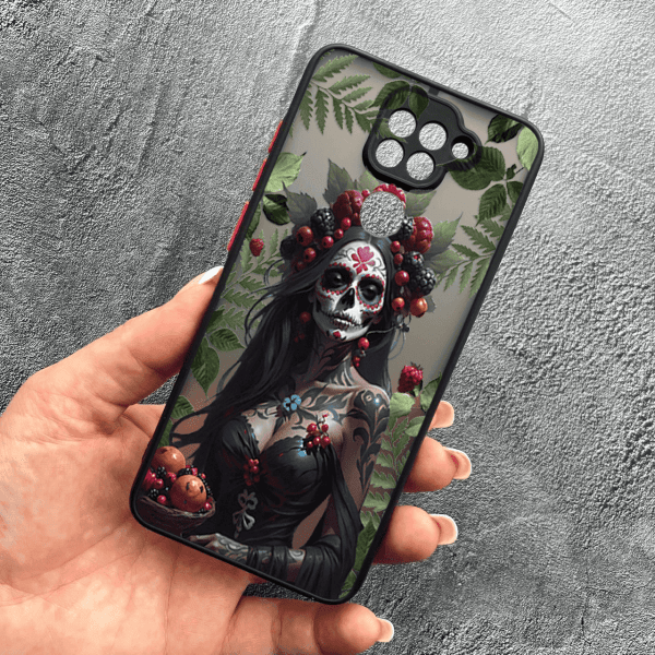 Чохол для Xiaomi Redmi Note 9 / Redmi 10X з захистом камери дівчина Санта-Муерте та листями
